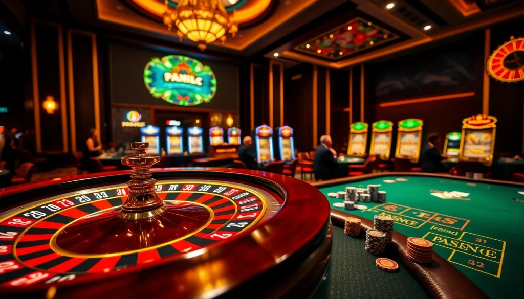 Experience the thrill of 222bd casino gaming with roulette and poker excitement captured in an elegant scene.