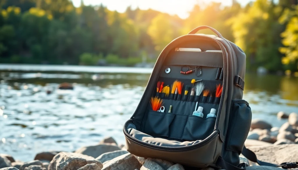 Explore a fly fishing backpack showcasing organized gear by a serene lake shore.
