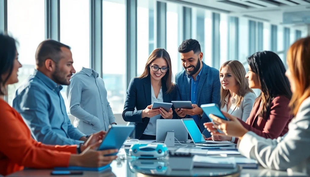 Engaged team at AI powered warranty company collaborating in a modern office space.