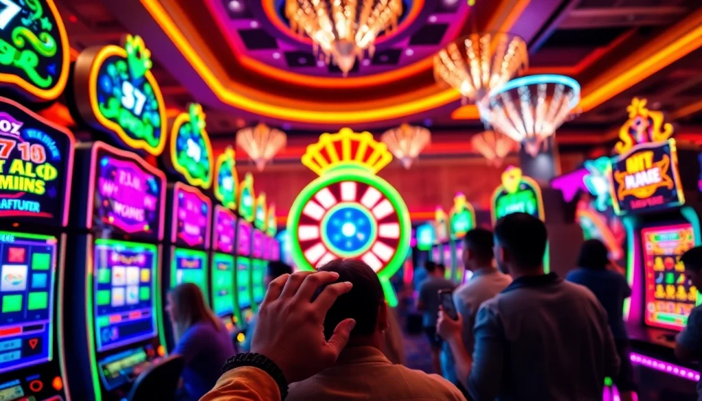 Excited players engaging in slot deposit pulsa gameplay at vibrant casino machines.