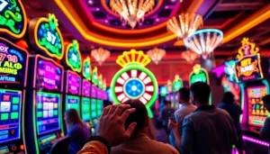 Excited players engaging in slot deposit pulsa gameplay at vibrant casino machines.
