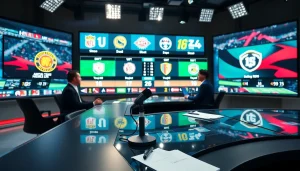 Engaging scene of sports broadcasting with analysts sharing insights and updates.