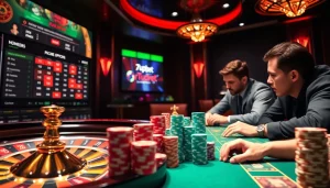 Players excitedly engaging with 7upbet online betting at a stylish casino table.