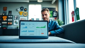 Analyze football statistics with thscore on sleek laptop in a modern office setting.