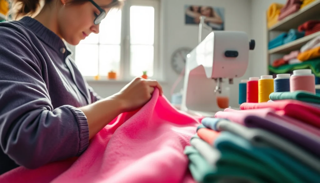 Creëer unieke projecten met fleece stof per meter in een creatieve werkomgeving met mooie kleuren.