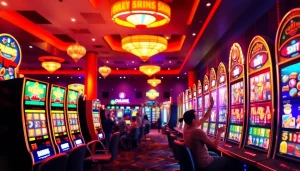 Tampilkan kemenangan menarik pada slot depo 1k dengan suasana kasino yang ceria.