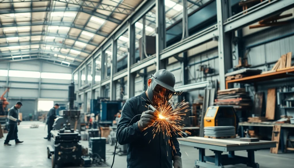 View of a steel fabrication shop with artisans working on metal structures, showcasing craftsmanship.