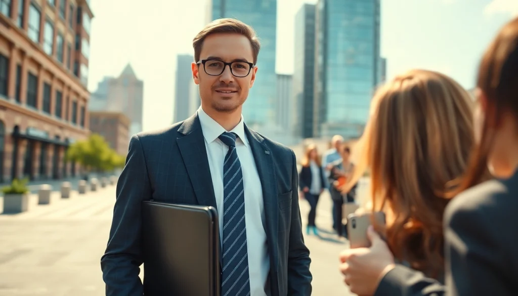 Confident eminent domain lawyer consulting clients in an urban setting.
