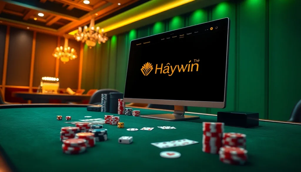 Engaging online gambling scene showcasing Trang chủ Haywin with poker chips and dice.