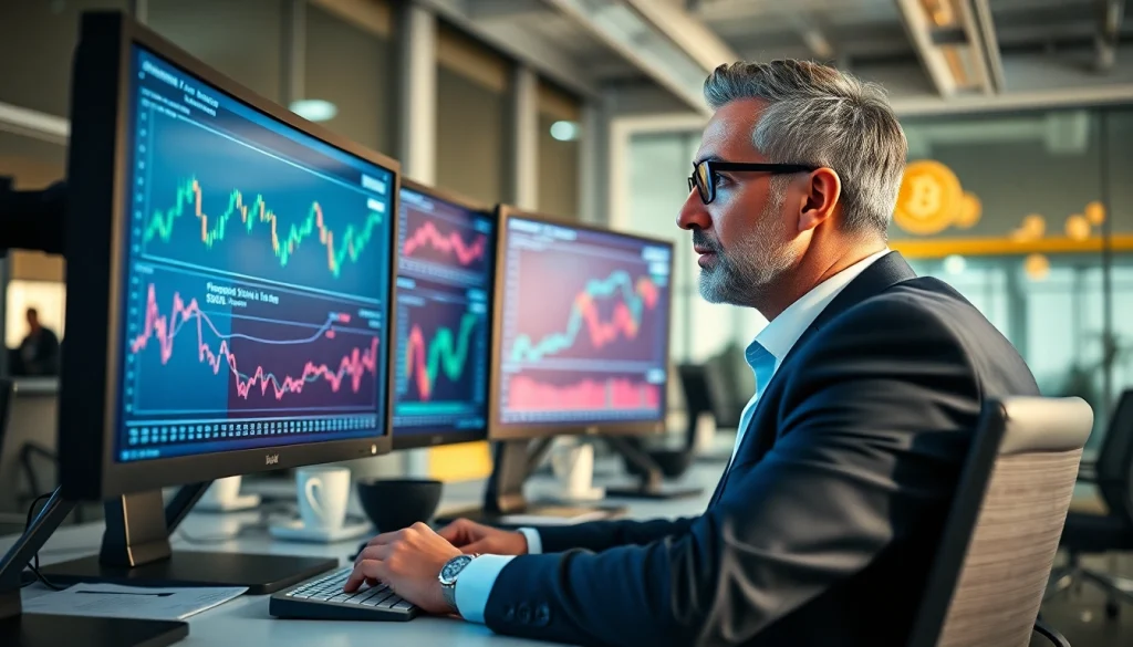 Comprendre bitcoin dans un bureau moderne avec un analyste financier devant des écrans.