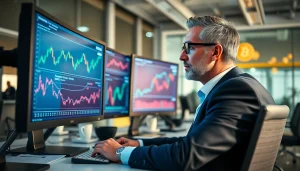 Comprendre bitcoin dans un bureau moderne avec un analyste financier devant des écrans.