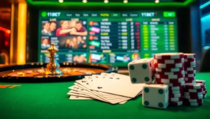 Betting on 11BET with colorful roulette and poker elements in an upscale casino.