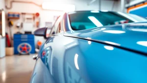 Get car detailing near me with a close-up of a shiny car in a bright garage.