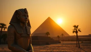 Piraminds scene showcasing a pharaoh statue and the Great Pyramid at sunset.