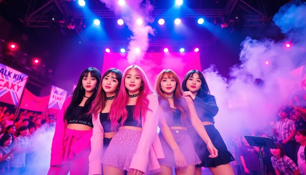 Exciting Blackpink news highlighting the group performing live on stage surrounded by fans.