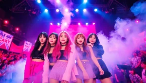 Exciting Blackpink news highlighting the group performing live on stage surrounded by fans.