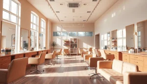 Salon coafura modern, cu stații elegante și atmosferă primitoare, pregătit pentru clienți.