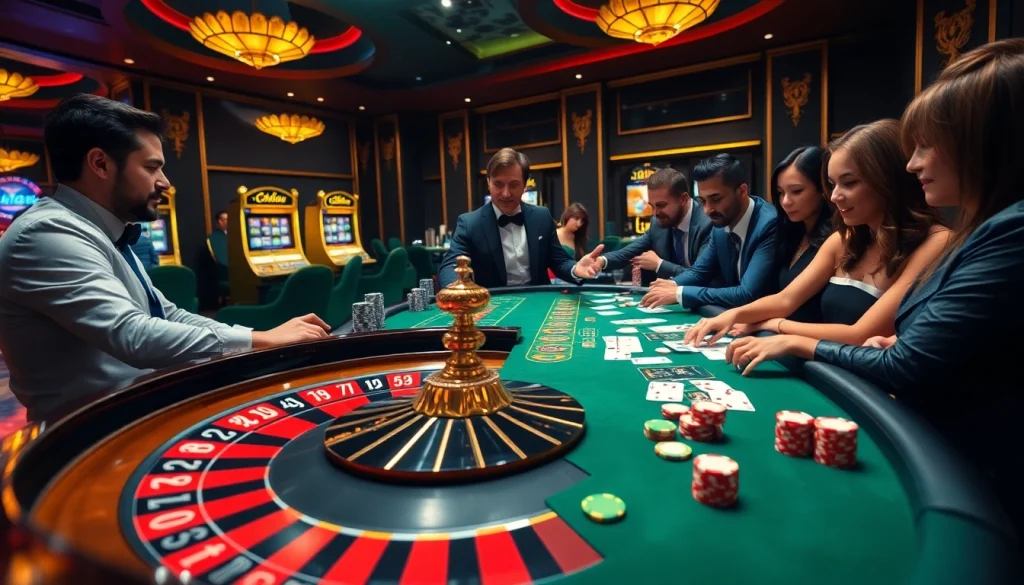 Players engage in a lively roulette game at a casino, showcasing thabet excitement and luxury.