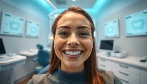 DPEARL 口コミ showcasing a smiling patient in a professional dental clinic with clear aligners.