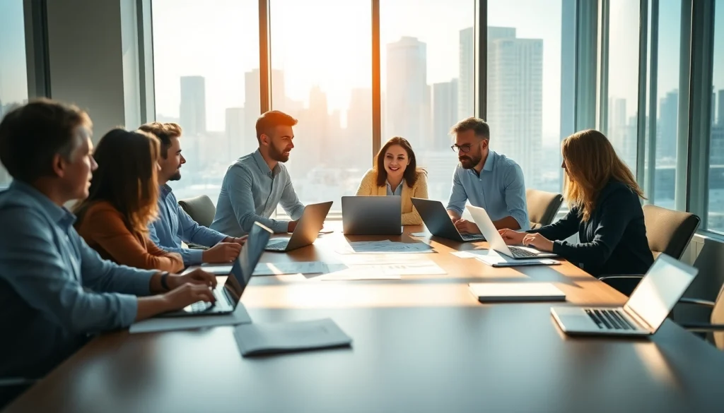 Team discussing das 142 in a modern boardroom, showcasing collaboration and innovation.