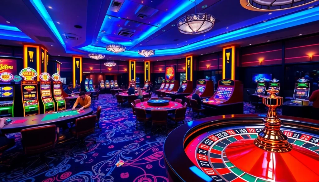 A vibrant casino setting featuring gaming tables, players, and the spirit of https://okfun.page excitement.