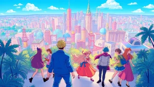 newtoki 웹툰 장르별 캐릭터들이 도시 배경에서 활동하는 모습입니다.