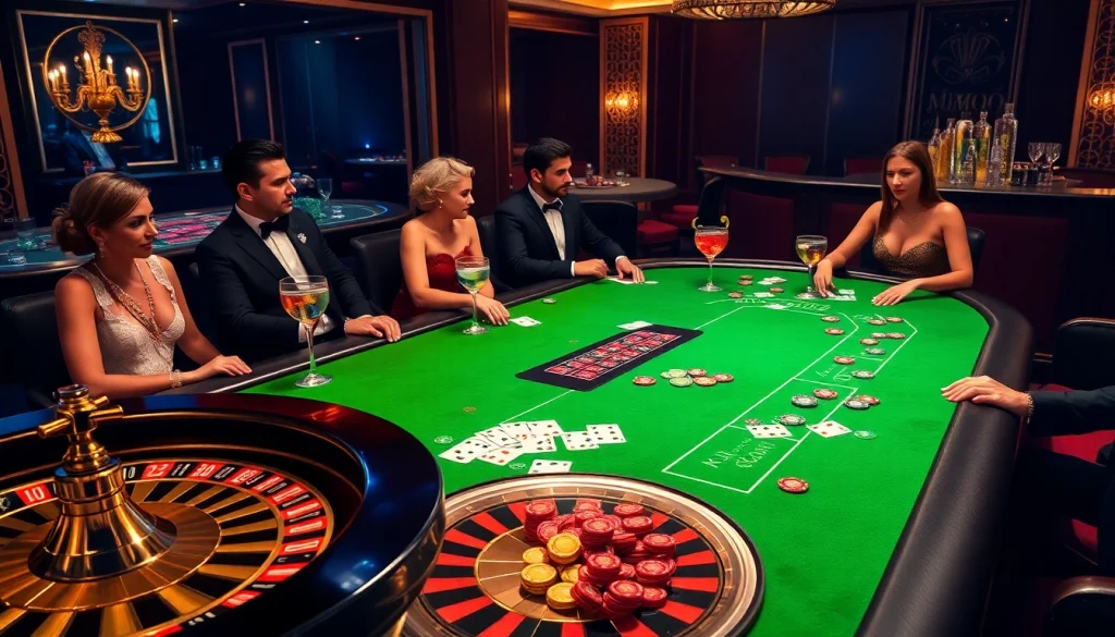 Engaged players enjoying a poker game at a casino table, showcasing MMOO chips and glamorous cocktail ambiance.