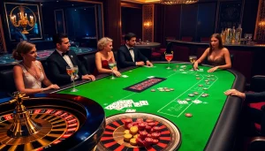 Engaged players enjoying a poker game at a casino table, showcasing MMOO chips and glamorous cocktail ambiance.