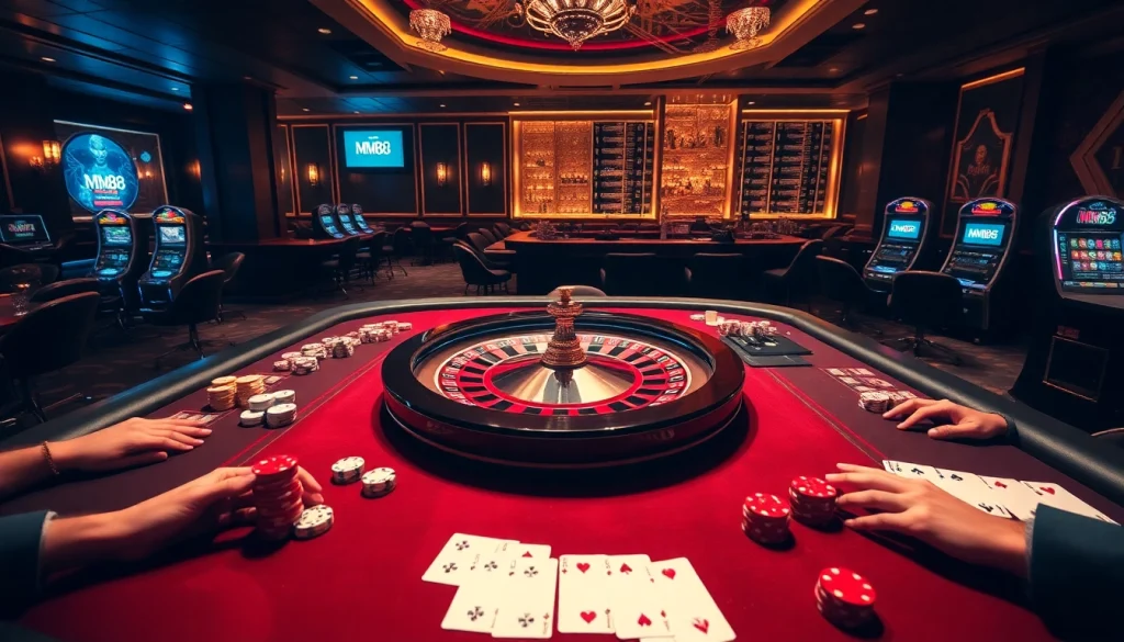 Exciting casino scene featuring a roulette wheel, poker tables, and digital interfaces from MM88.