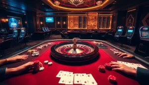 Exciting casino scene featuring a roulette wheel, poker tables, and digital interfaces from MM88.