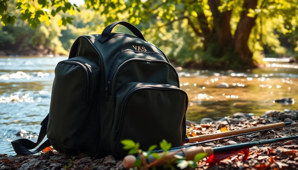 Showcasing a fly fishing backpack by the river, perfect for anglers seeking adventure.