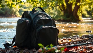 Showcasing a fly fishing backpack by the river, perfect for anglers seeking adventure.