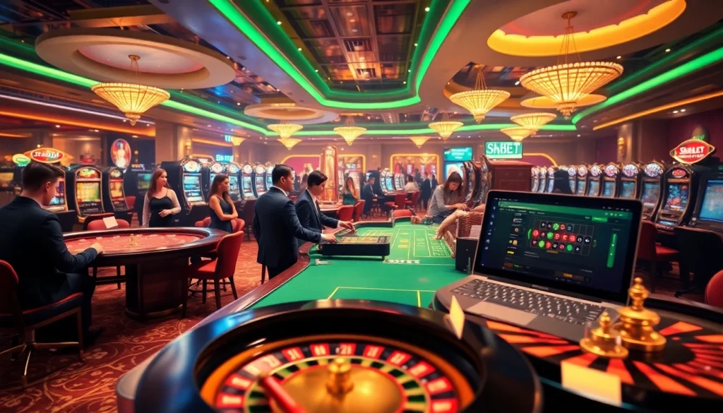 SHBET casino gaming scene featuring roulette tables, poker chips, and online betting visuals.