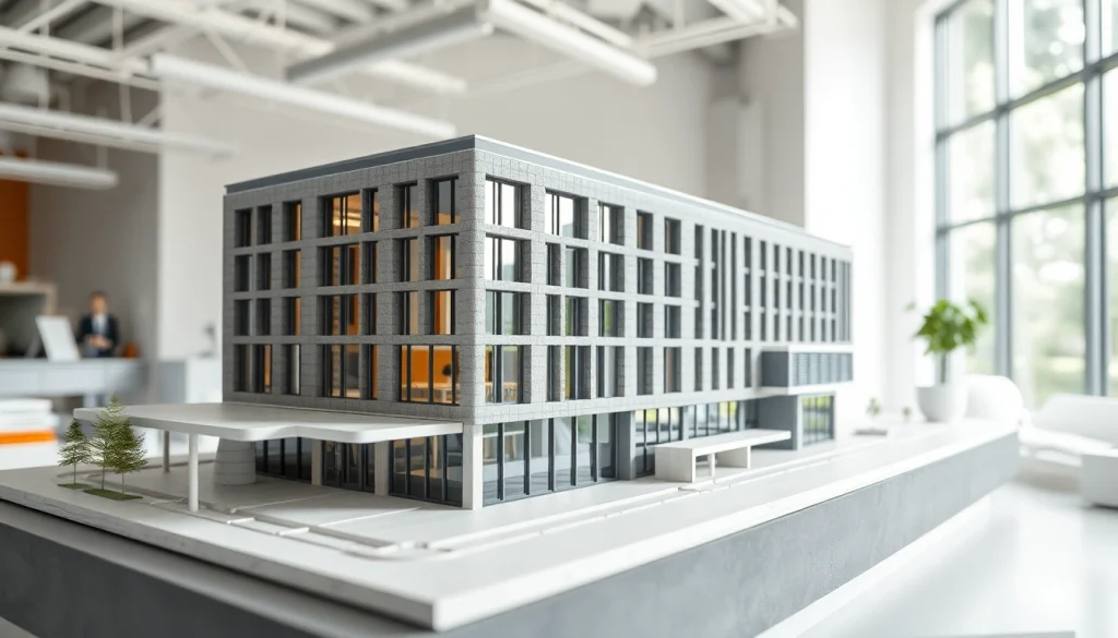 Architekturmodellbau Duisburg zeigt eine präzise Nachbildung eines modernen Gebäudes auf einem eleganten Arbeitsplatz.