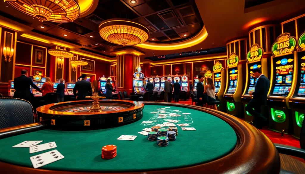 XSMB 247 revealing thrilling casino gameplay with poker tables, roulette wheels, and slot machines.