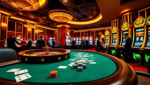 XSMB 247 revealing thrilling casino gameplay with poker tables, roulette wheels, and slot machines.