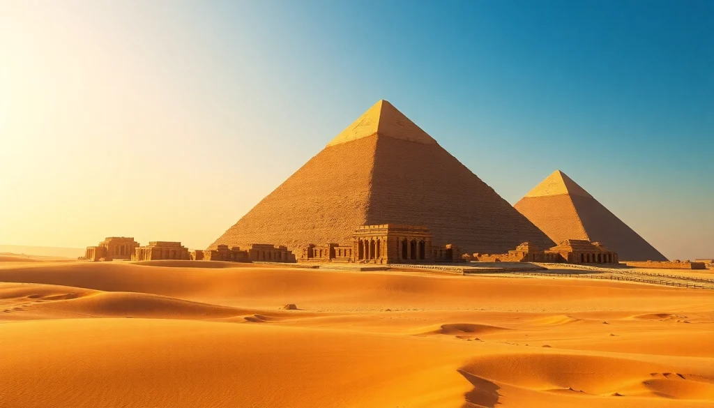 Capturing the iconic piraminds of Giza illuminated by sunrise, showcasing their majestic presence.