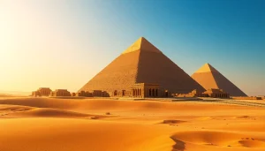 Capturing the iconic piraminds of Giza illuminated by sunrise, showcasing their majestic presence.