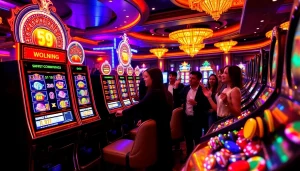 Adegan menarik pemain yang menggunakan mesin slot deposit pulsa di tengah gemerlapnya suasana kasino.