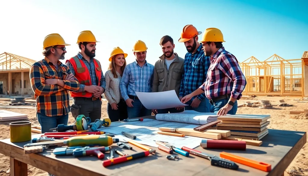 Builders collaborating on-site, embodying the spirit of Texas association of builders in a sunny construction scene.