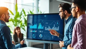 Showcase innovative AI Software tools enhancing teamwork in a modern office setting.