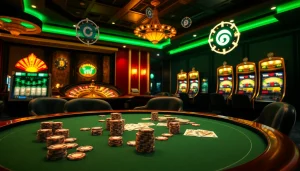 Engaging in a thrilling casino atmosphere featuring hidden wiki elements and poker action.