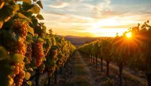 Visit Sacramento wineries nestled in picturesque vineyards showcasing lush grapevines and sunset skies.