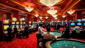 Slot machine excitement at situs deposit 5k casino, showcasing gamblers winning big.