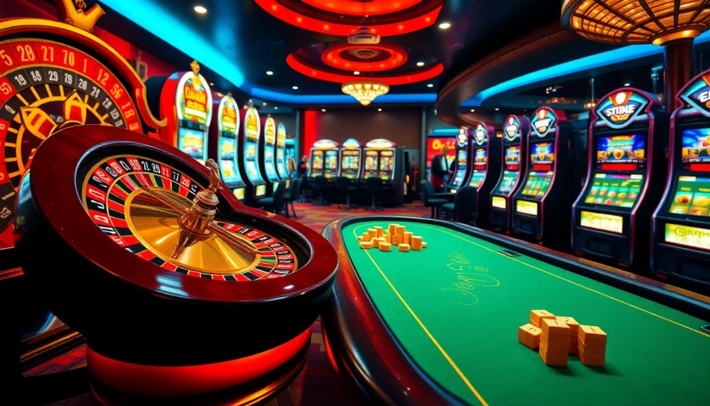 Experience the thrill of idn slot 777 in an exciting casino atmosphere with vibrant slot machines and a roulette wheel.