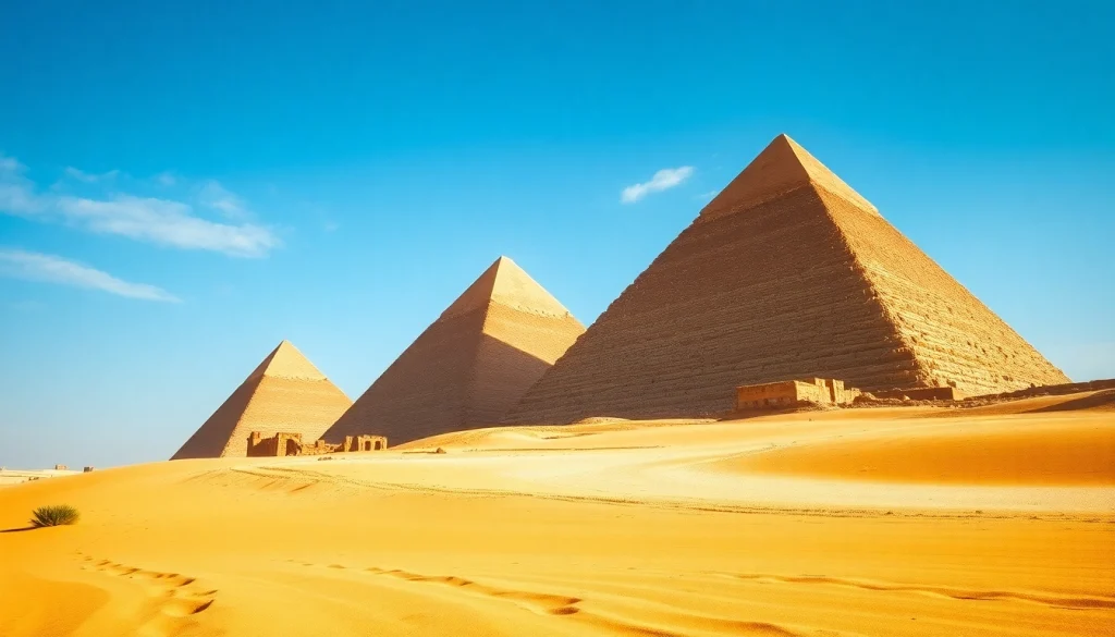 Visitors marveling at the iconic piraminds against a clear blue sky highlighting their majestic features.