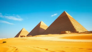 Visitors marveling at the iconic piraminds against a clear blue sky highlighting their majestic features.