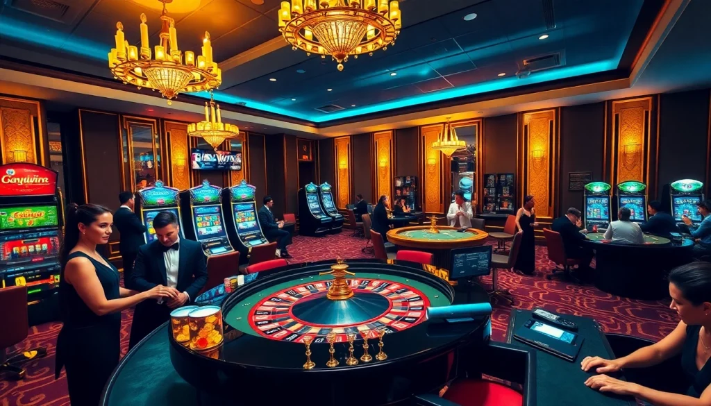 Exciting gambling scene at Haywin with roulette, poker, and slot machines.