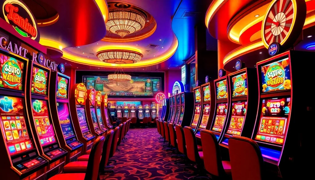 Para pemain menikmati opsi deposit Slot 1K di kasino yang hidup dengan mesin slot berwarna-warni.