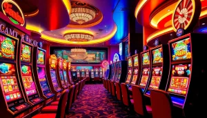 Para pemain menikmati opsi deposit Slot 1K di kasino yang hidup dengan mesin slot berwarna-warni.